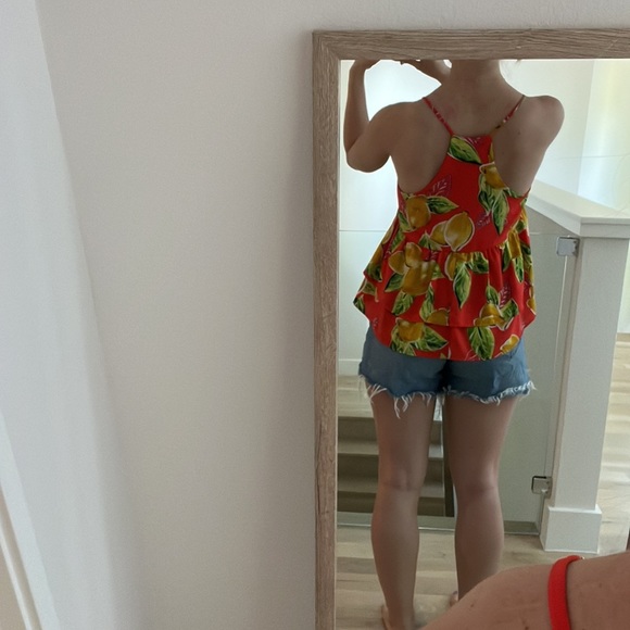 Red flowy/ruffled tank with lemon print. NWOT never worn!! Size S-M. - Picture 2 of 3